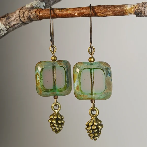HAND CRAFTED EARRINGS Green Czech Glass Pine Cone Brass Bronze Dangle Drop - Picture 3 of 6
